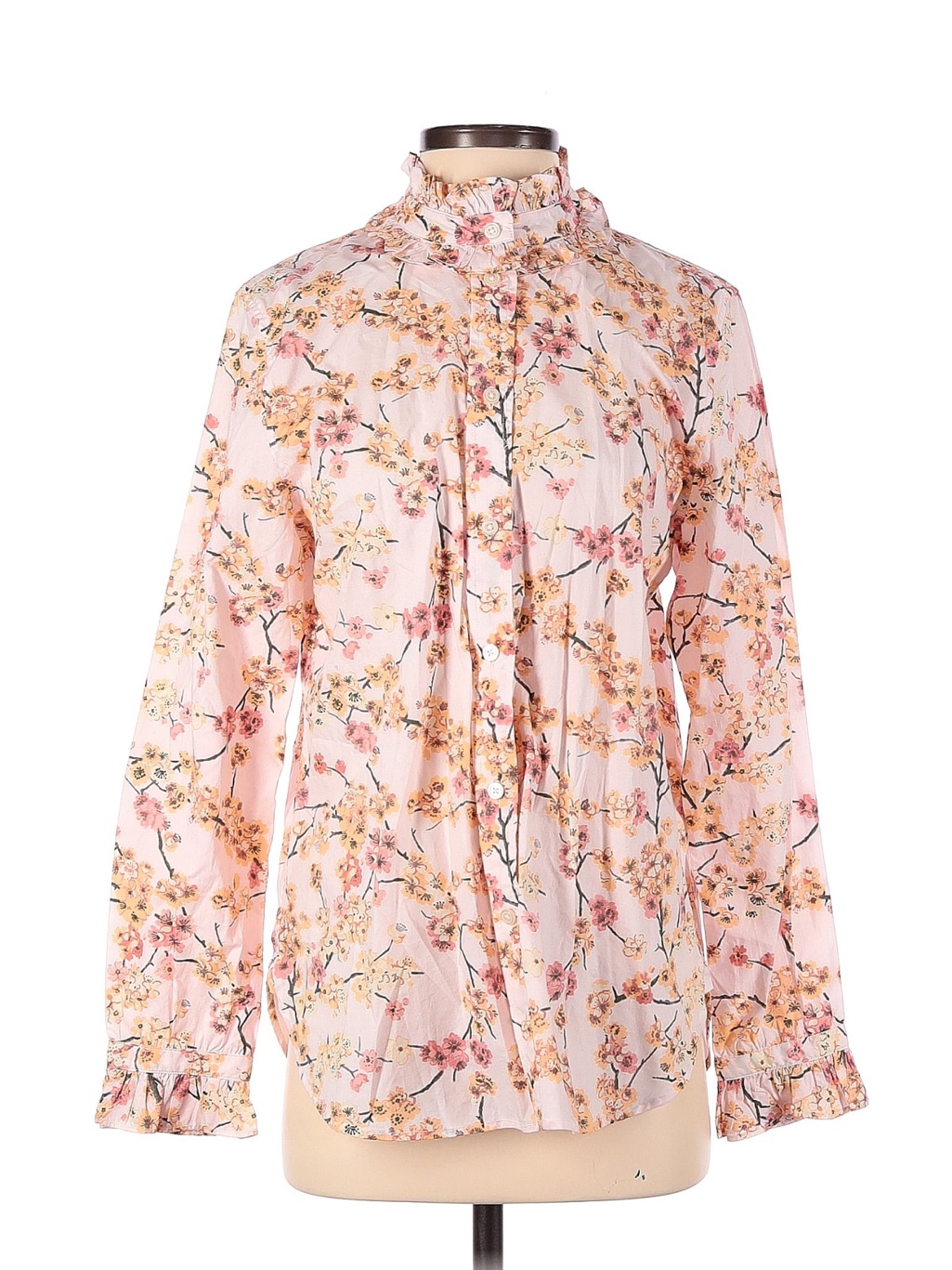 J.Crew Cotton Floral Ruffle-Neck Pink Blouse